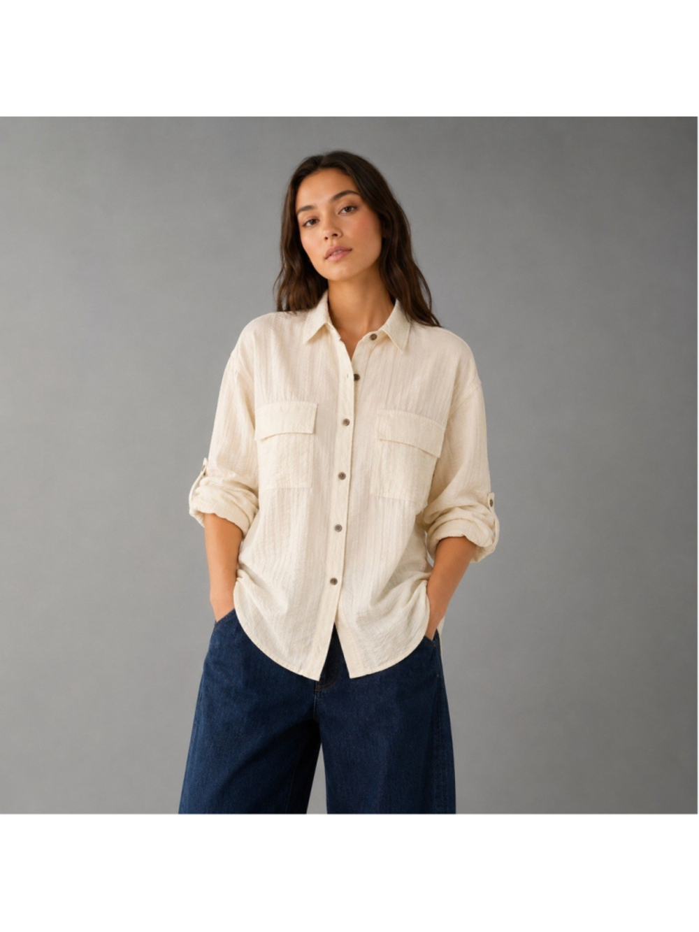 Banana Republic Oversized Camp Shirt Ivory Crinkle Roll Tab Sleeve Sz M